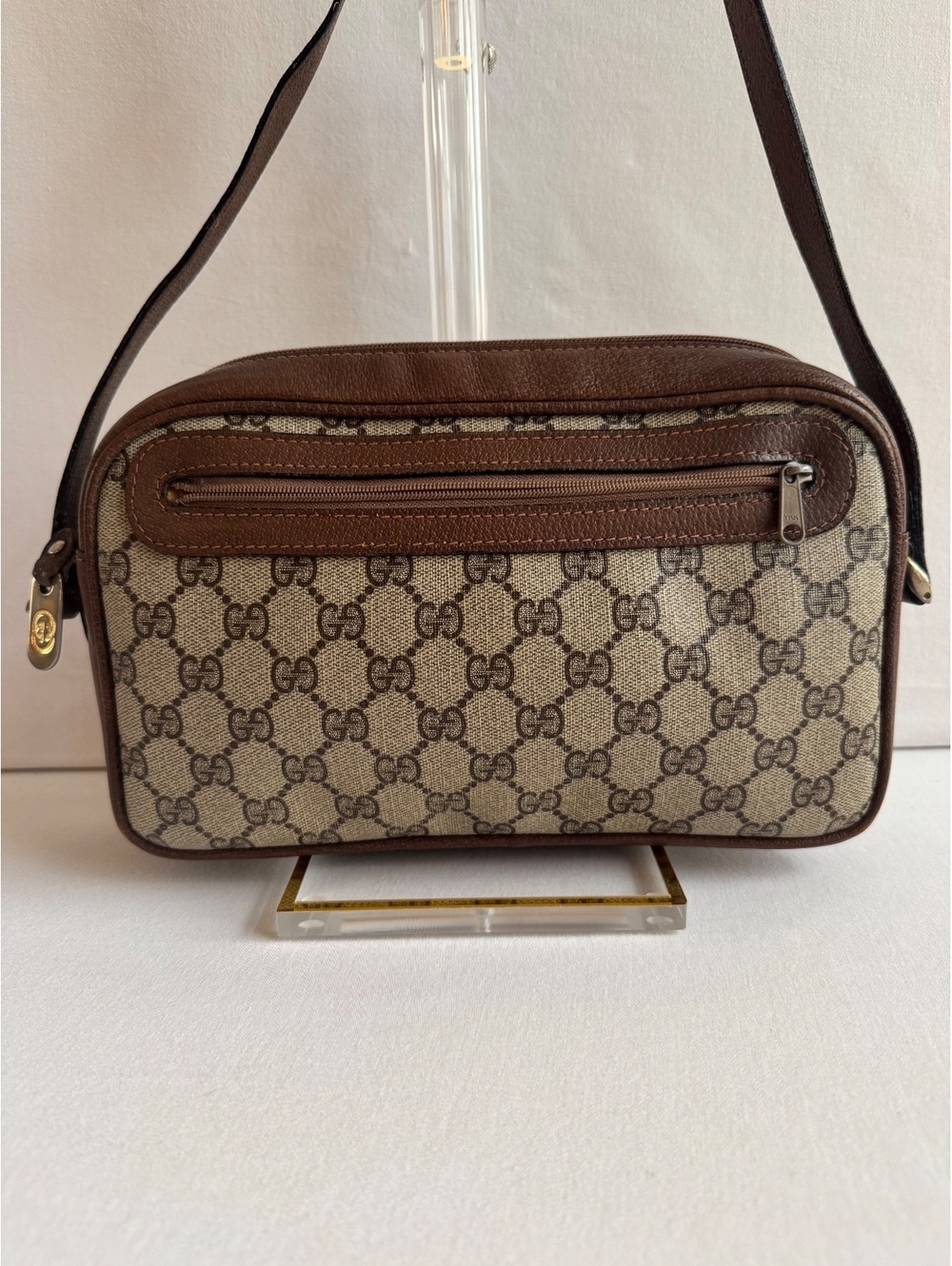 Vintage Gucci GG Monogram Camera Bag Brown Leather Crossbody Shoulder Bag COA